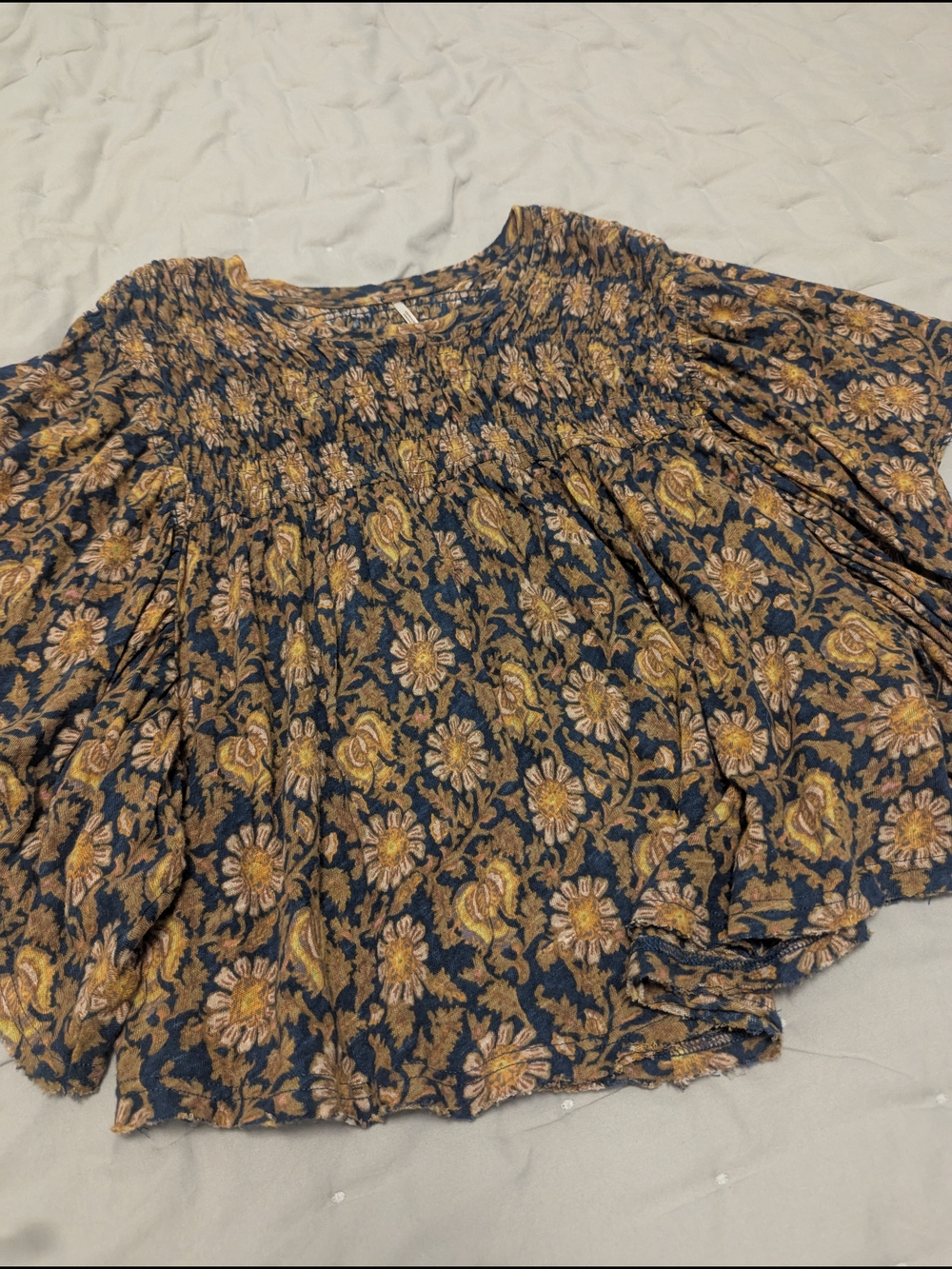 Free People Navy Floral Smocked Boho Blouse